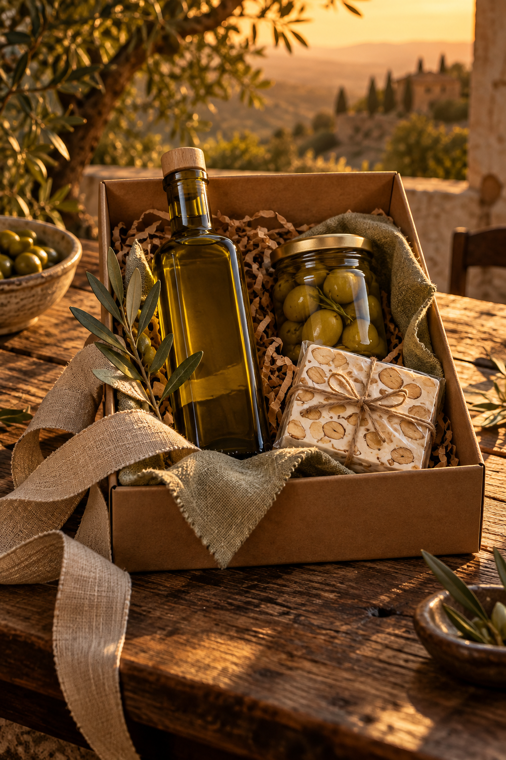 Mediterrane Geschenkbox mit Olivenöl und Feinkost