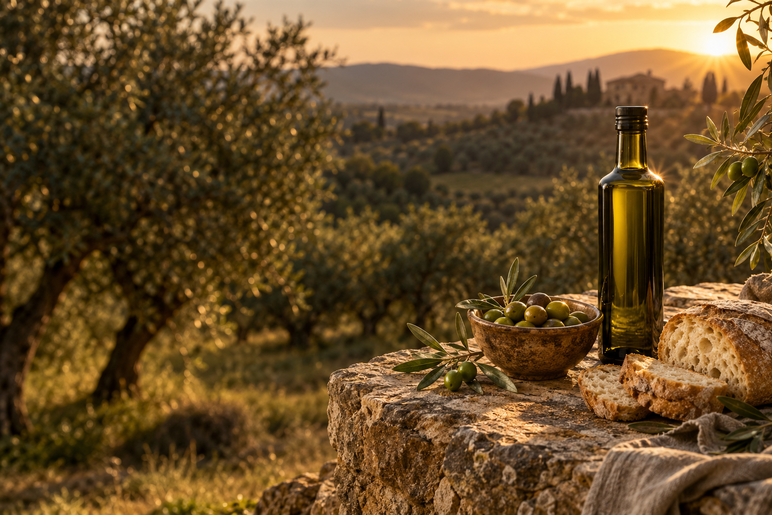 Olivenöl, Oliven und Brot vor einem spanischen Olivenhain im goldenen Abendlicht